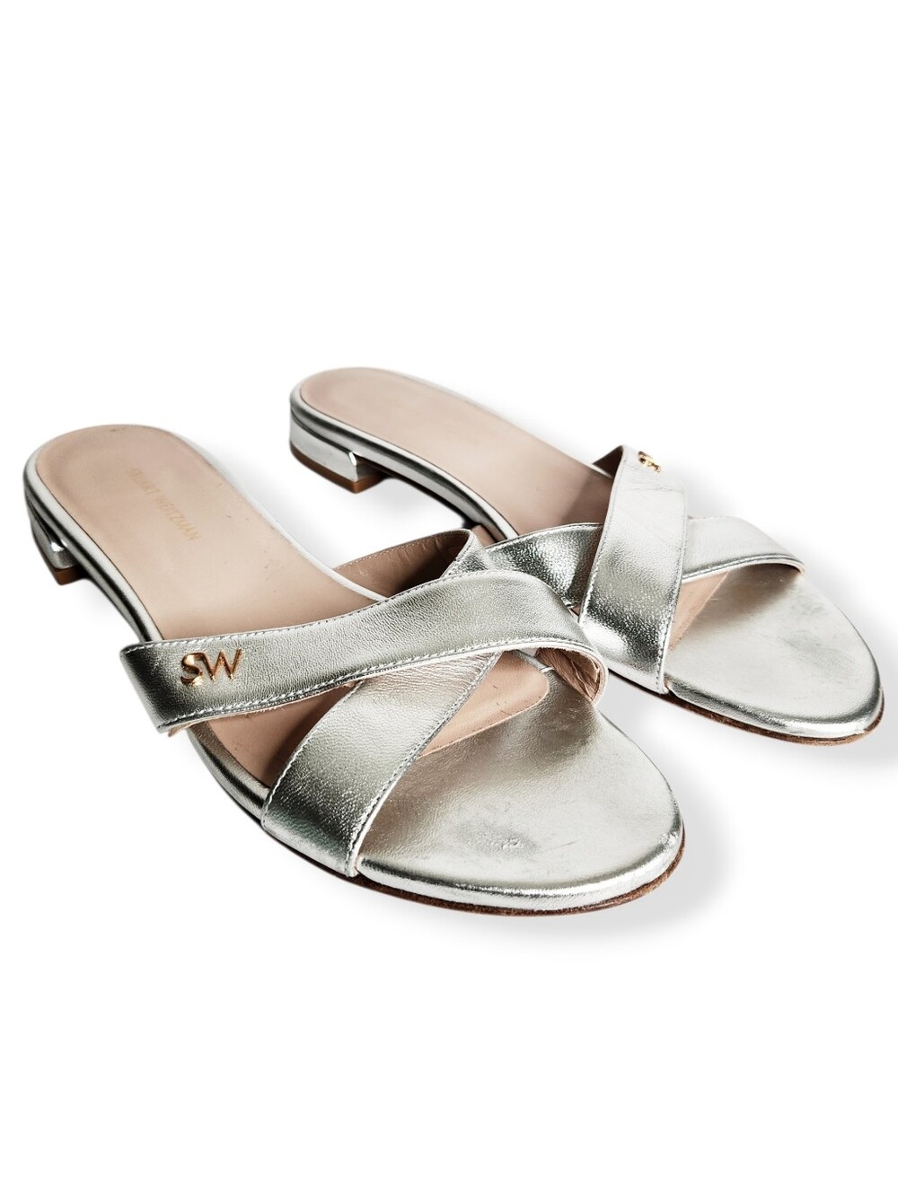 Stuart Weitzman Lunaria PYB Metallic Silver Nappa Leather Sandals Women Size 8.5